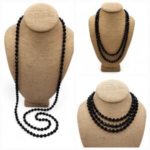 Vintage 1950s Faceted Black Glass Bead Necklace 48" Long Layering Strand